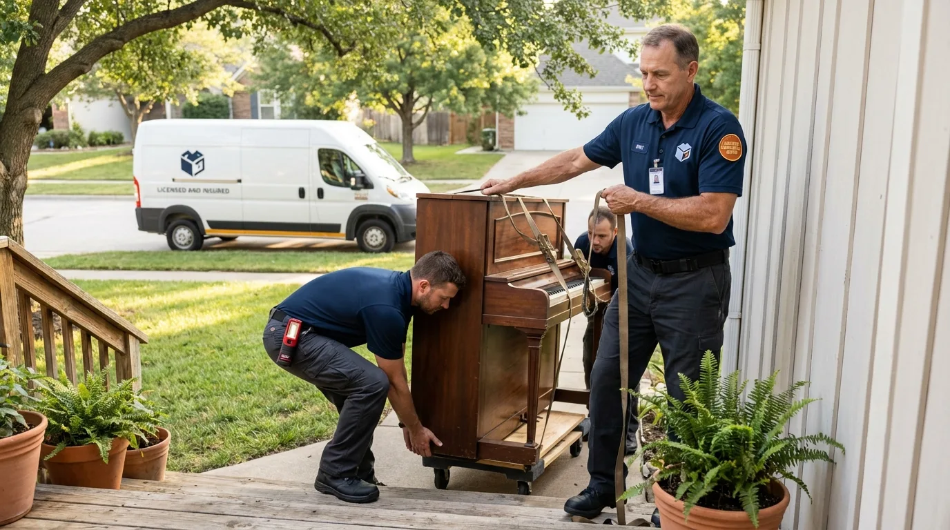 Licensed piano movers securing grand piano in Jefferson City, MO