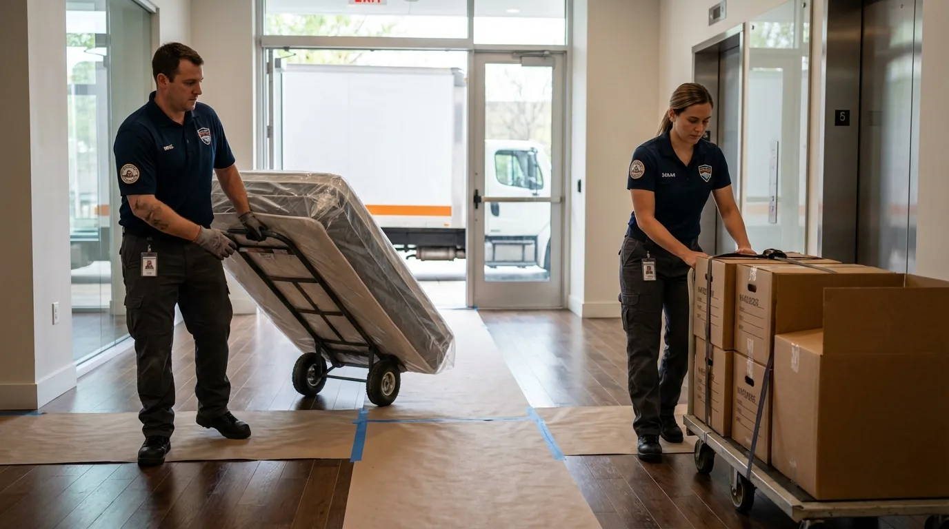 Professional apartment movers loading elevator in Jefferson City, MO